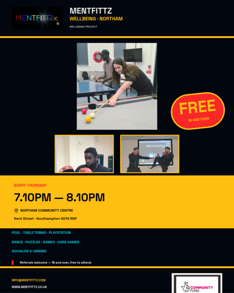 A poster image of the Mentfittz wellbeing project free activities session at Northam Community Centre, Southampton, every Thursday from 7:10pm-8:10pm. The image features pictures of people playing pool, table tennis and boxing. The image describes other activities including Playstation, dance, games and card games, as well as highlighting is for people aged 18 and over.